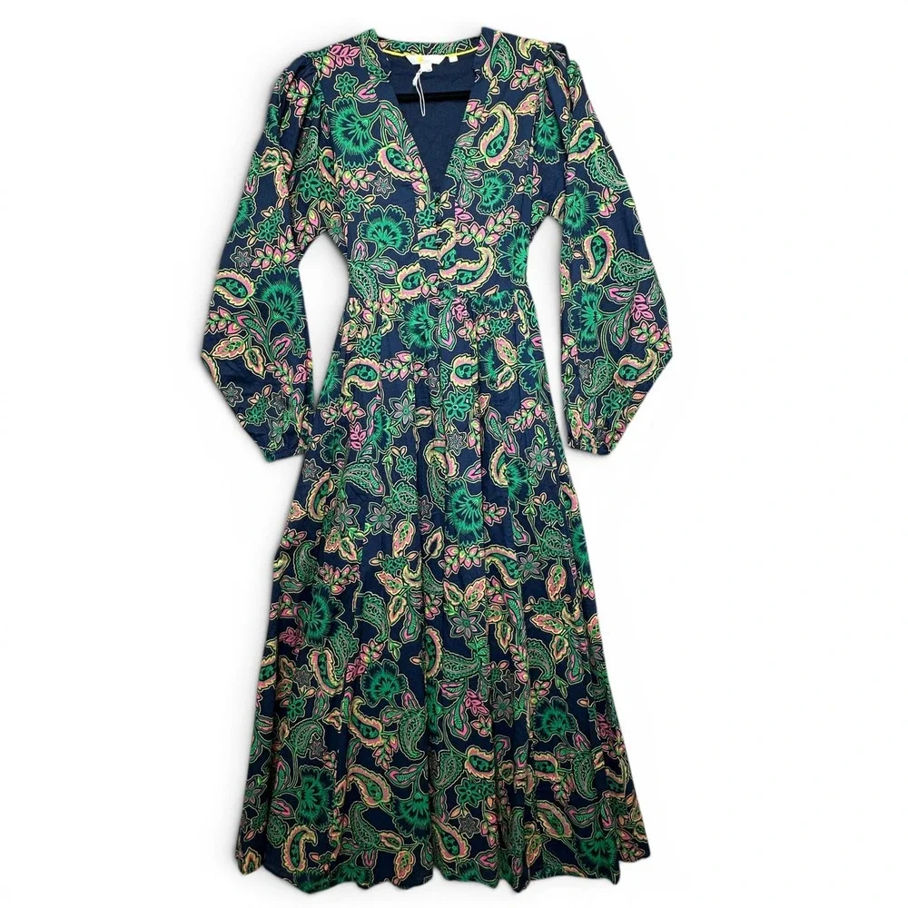 Boden Amelia Cotton Maxi Dress Womens 4 Paisley Floral V-Neck Tie Waist NWOT - Picture 2 of 13